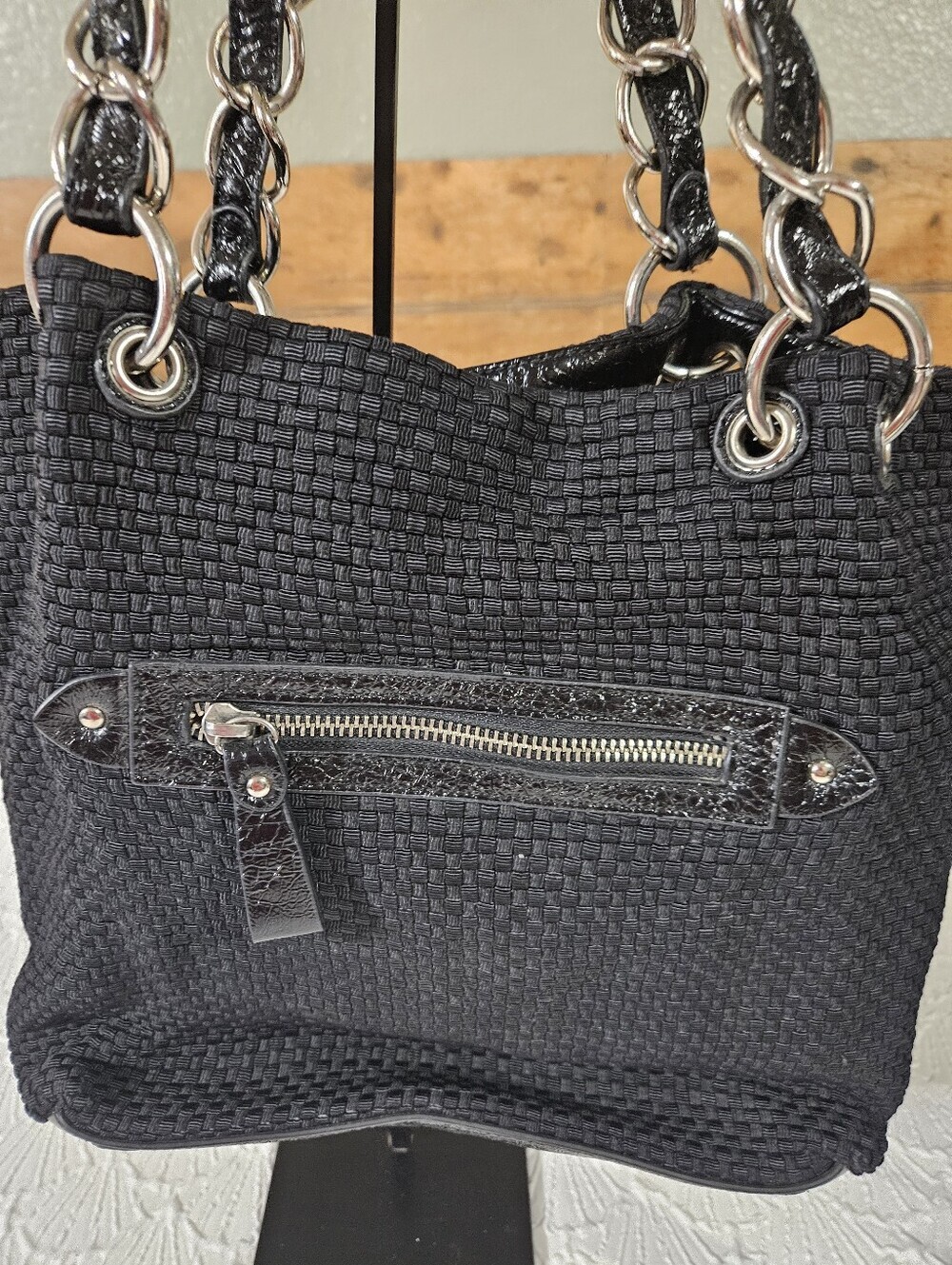 The Sak Black Woven Shoulder Bag with Chain-Strap Handles
